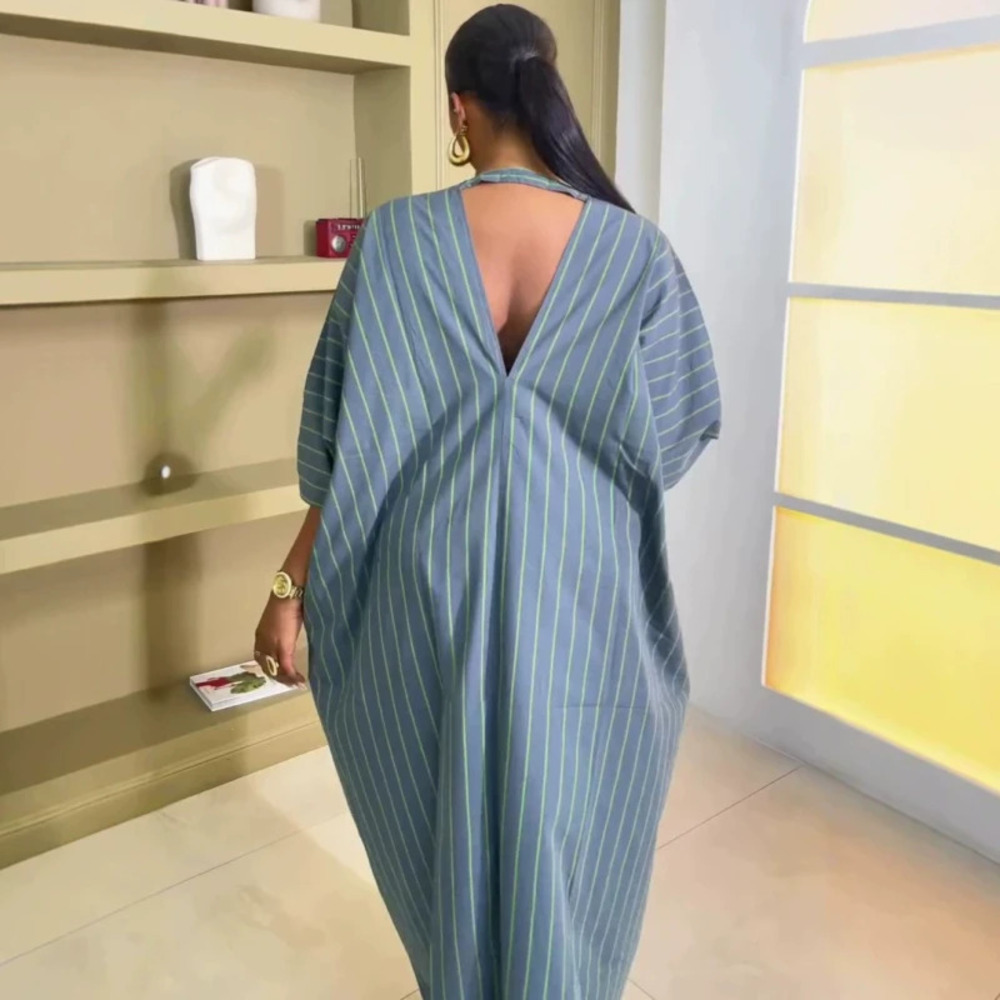 African Relaxed Striped Kaftan Women Three Quarter Sleeve Large Pockets